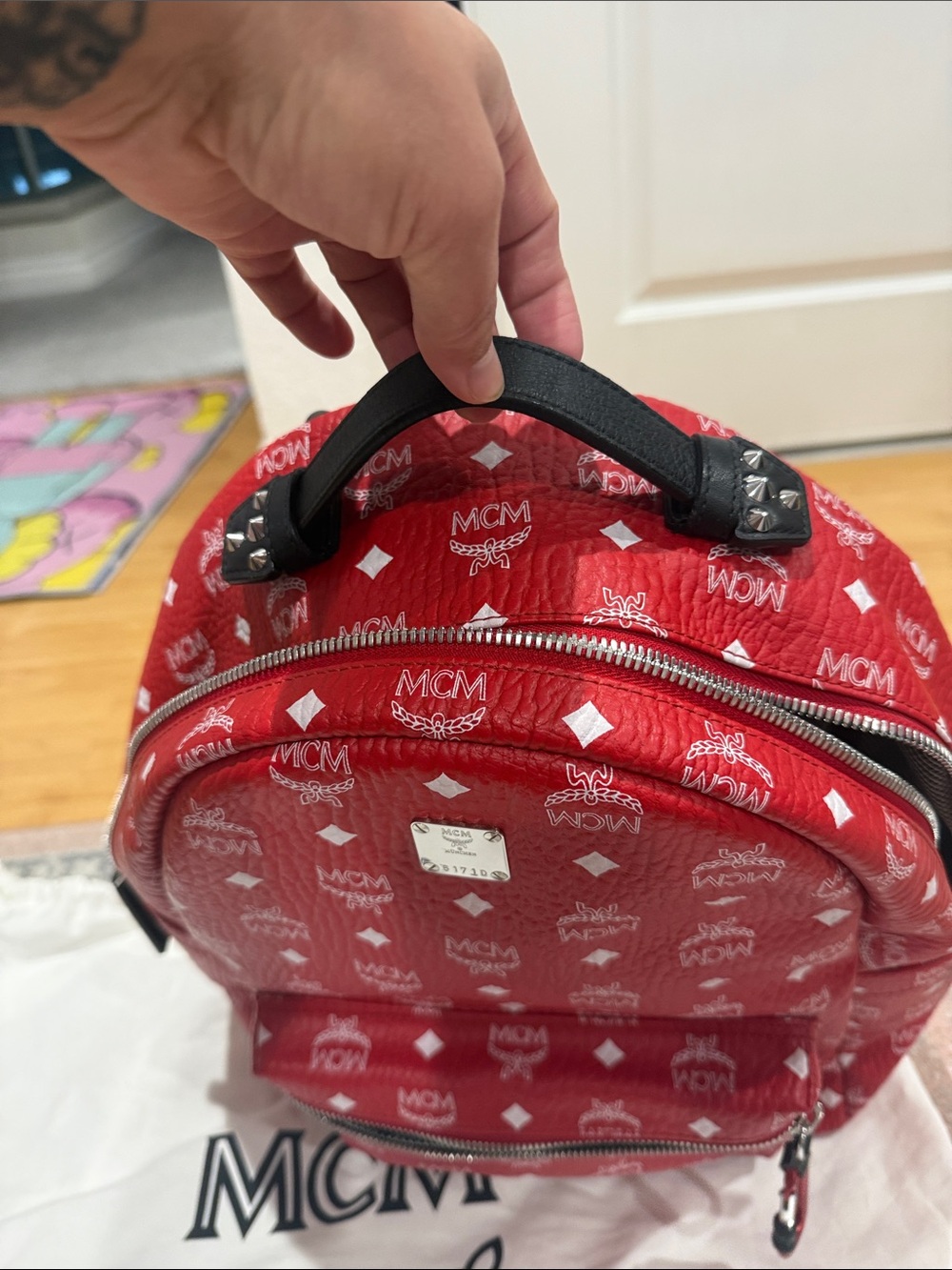 MCM Red Logo Print Mini Backpack - Picture 3 of 8